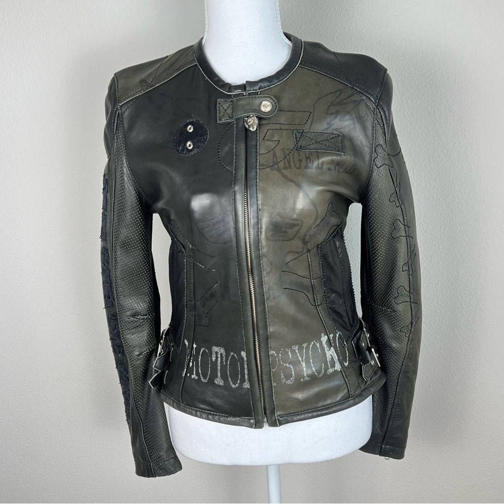 Super G Psycho Genuine Leather Jacket Skull Graphic‎ Biker Gothic Punk Women S
